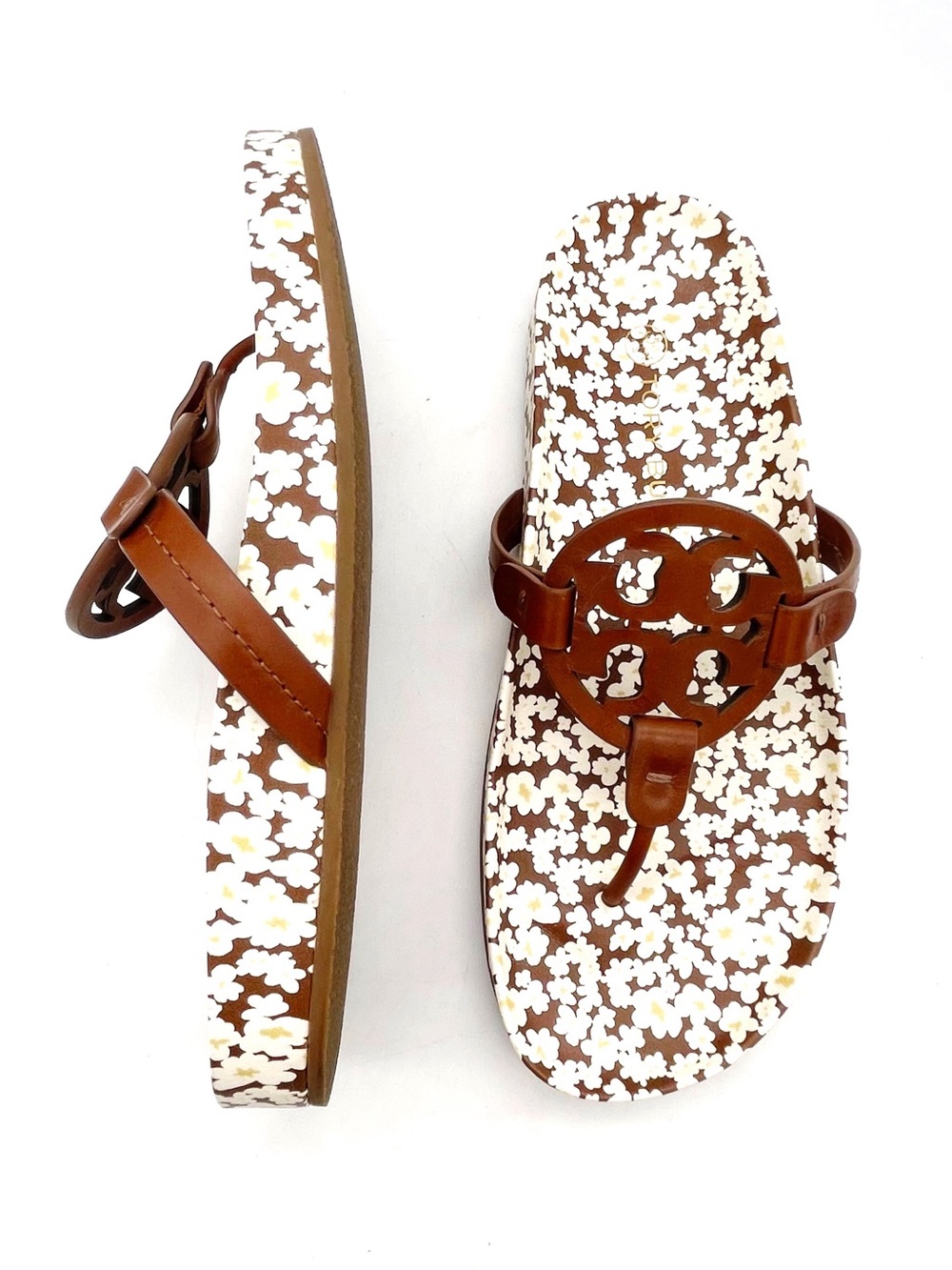 Tory Burch Miller Cloud Sandals Sz 8.5 Brown Floral Logo Leather Flip Flop Slide - Picture 6 of 16